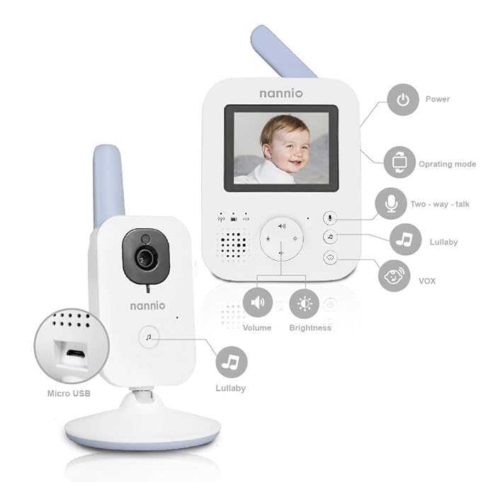 NANNIO Hero2 Video Baby Monitor with Camera and Audio, Two-way Talk, Auto Night Vision, Voice Activation (VOX), 5 Lullabies, 985ft Range, Long Battery Life, Plug-and-Play, Non-WiFi, Privacy Guaranteed