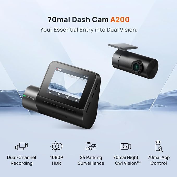 70mai A200 HDR Dual Dash Camera, 1080P HDR Front & 1080P Rear