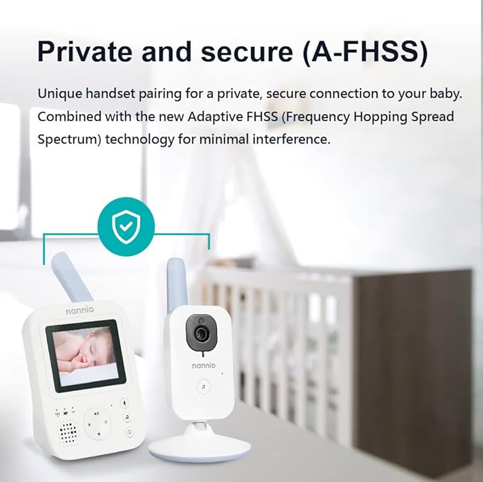 NANNIO Hero2 Video Baby Monitor with Camera and Audio, Two-way Talk, Auto Night Vision, Voice Activation (VOX), 5 Lullabies, 985ft Range, Long Battery Life, Plug-and-Play, Non-WiFi, Privacy Guaranteed