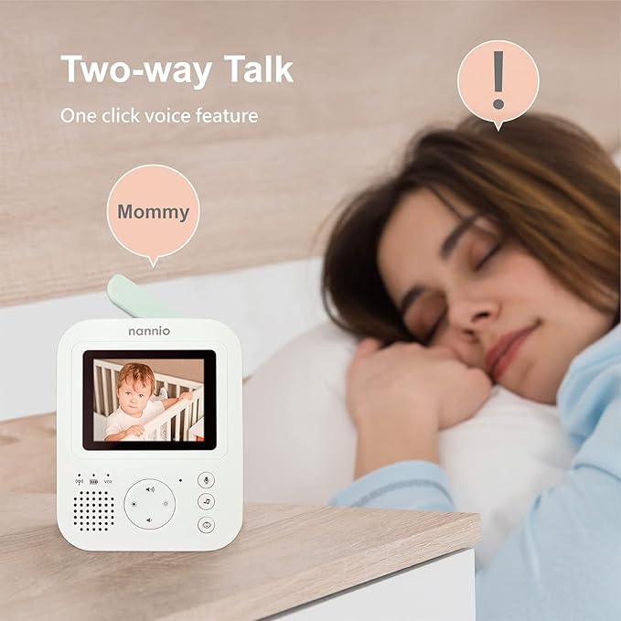 NANNIO Hero2 Video Baby Monitor with Camera and Audio, Two-way Talk, Auto Night Vision, Voice Activation (VOX), 5 Lullabies, 985ft Range, Long Battery Life, Plug-and-Play, Non-WiFi, Privacy Guaranteed